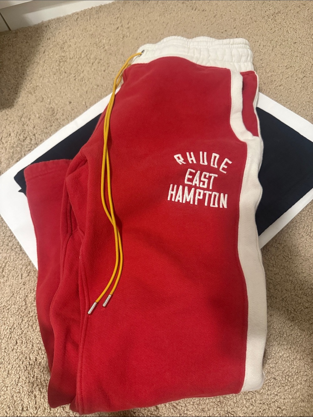 Men’s Rhude East Hampton Red Sweatpants White Trim and Yellow Drawstring
